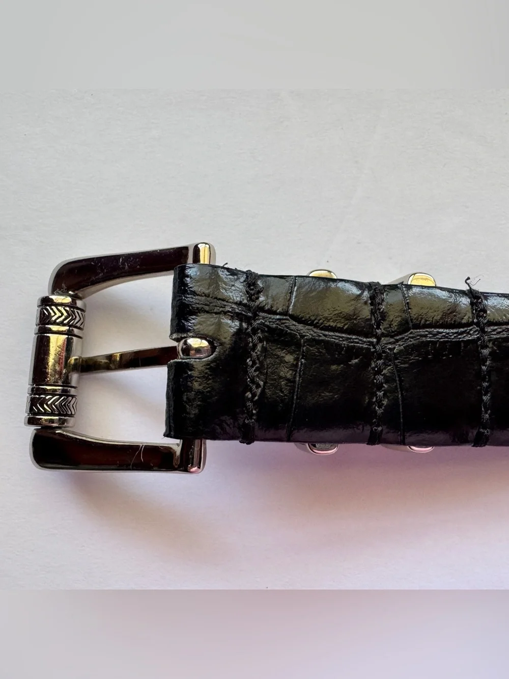 Handmade Italian Genuine Leather Croc Embossed Belt Black Gold Tone Buckle Sz 36
